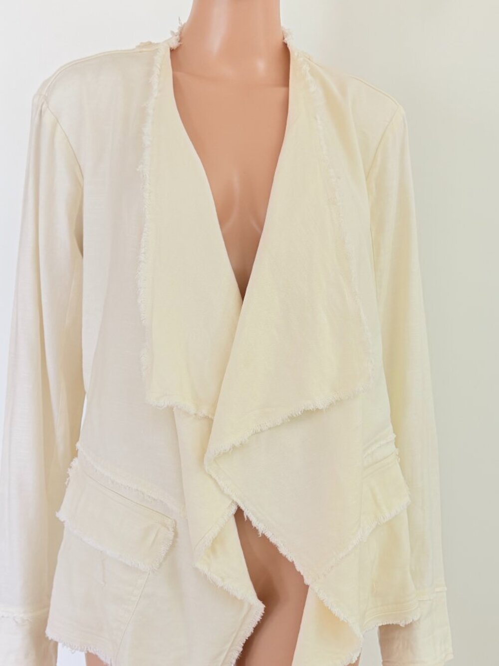 Free People Jacket Raw Femme Ivory Cream Linen Open Front Cardigan Fringe Medium